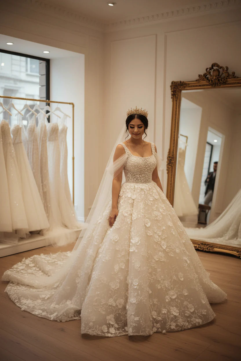 G21-030 robe de mariée princesse en dentelle blanc ivoire — vue de face complète