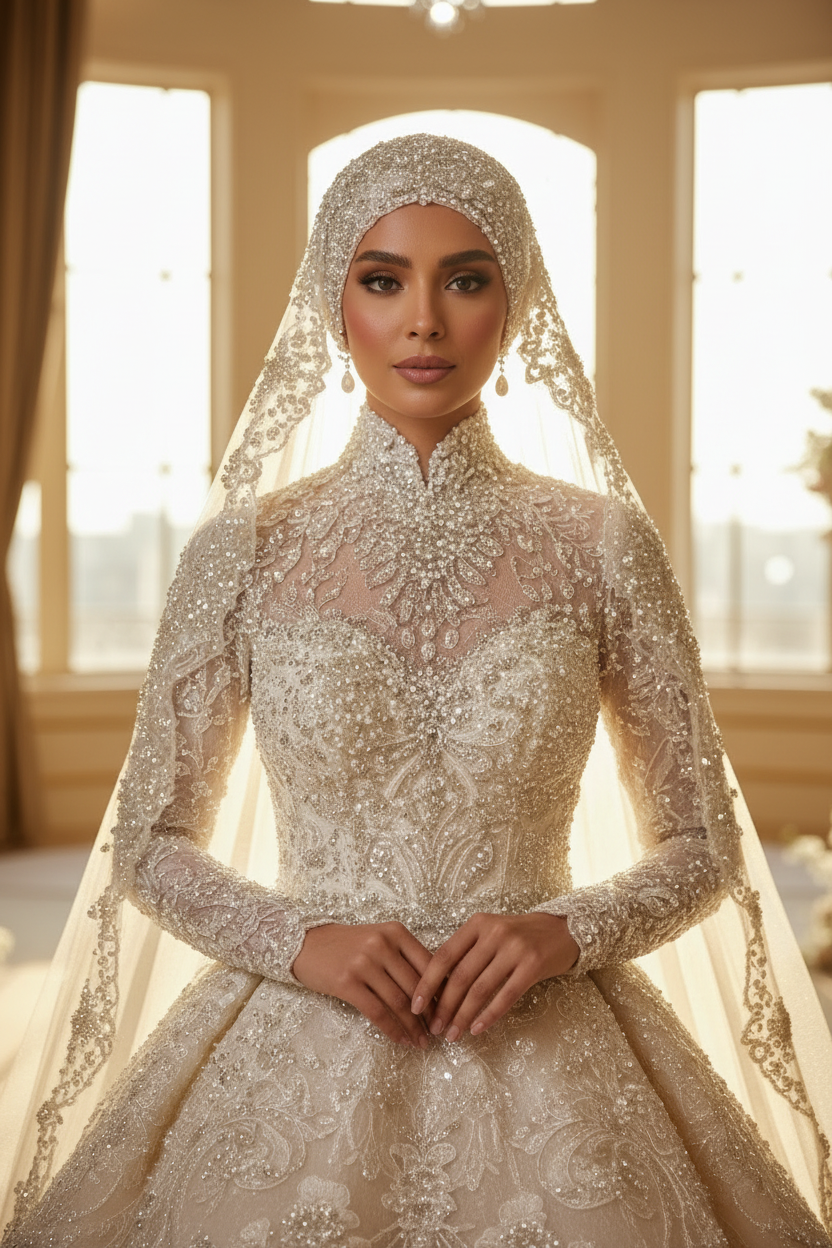 G21-008 robe de mariée couture modeste — détail du corsage supérieur avec broderie cristal