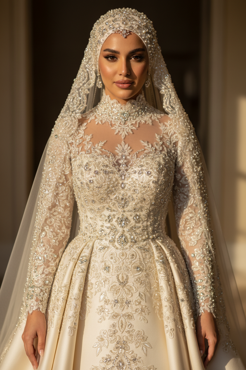 G21-011 robe de mariée coupe A couture modeste — vue de face en pied