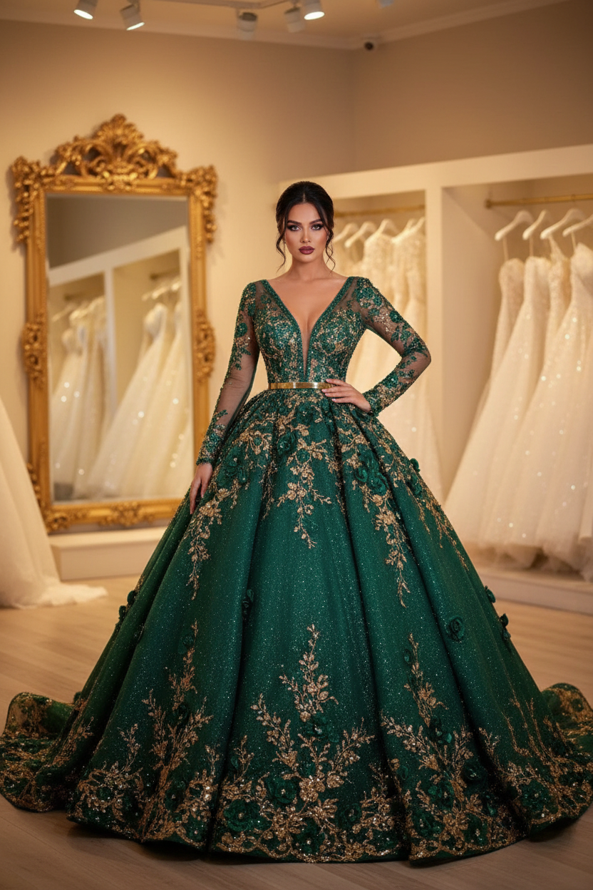 G21-NS-003 robe de fiançailles coupe A avec cristaux vert émeraude — vue de face