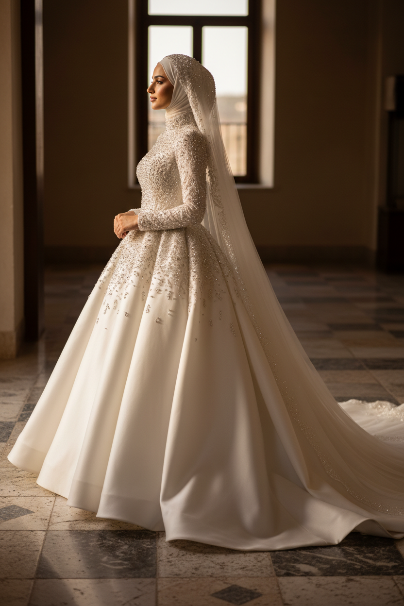 G21-016 robe couture modeste — profil de côté avec hijab