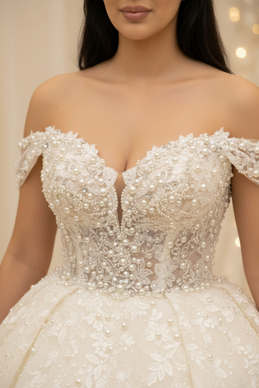 G21-001 robe princesse blanc cassé — détail de dentelle perlée, cristaux et perles
