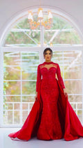 G21-118A robe de mariée princesse en dentelle perlée rouge cramoisi