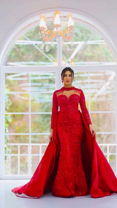 G21-118A robe de mariée princesse en dentelle perlée rouge cramoisi