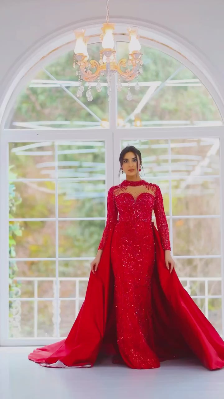 G21-118A robe de mariée princesse en dentelle perlée rouge cramoisi
