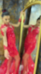 G21-143A robe de mariée princesse en dentelle perlée rouge cramoisi
