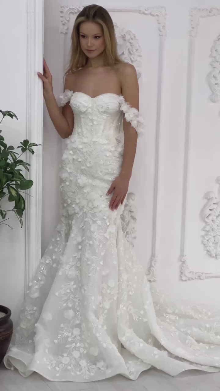 G21-094A robe de mariée princesse en dentelle perlée ivoire
