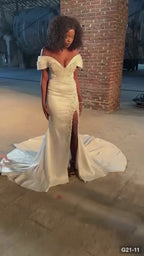 G21-011 robe de mariée sirène en dentelle ivoire avec traîne chapelle
