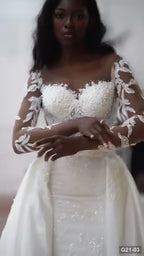G21-003 robe de mariée coupe A en dentelle ivoire avec traîne chapelle