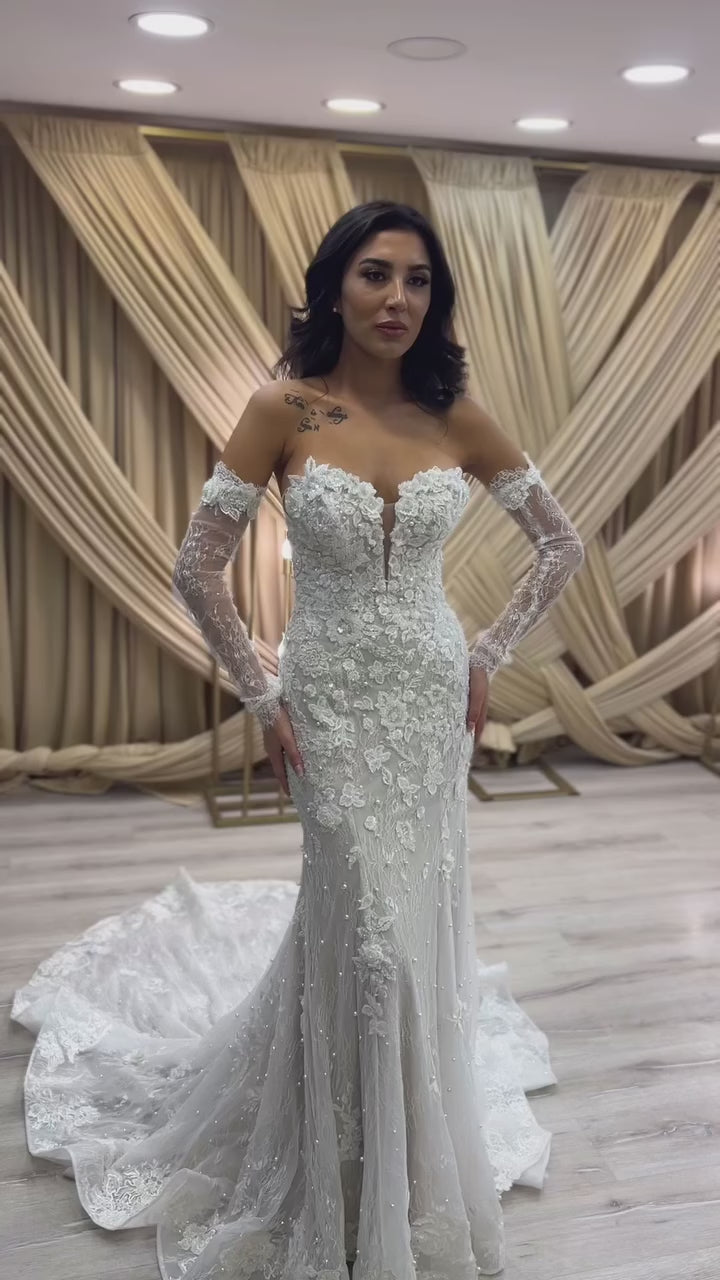 G21-081A robe de mariée princesse en dentelle perlée champagne