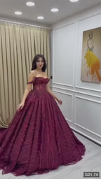G21-074 robe de fiançailles princesse en tulle bordeaux